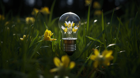 light bulb with a flower inside standing in the middle of a field with grass and flowersの素材