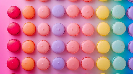 An assortment of colorful macarons displayed on a vibrant pastel rainbow background, ideal for bakery, cafe, or food blog projects. These sweet treats add a pop of color and sweetness to any design.の素材