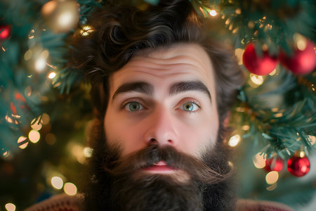 A bearded man lies under a Christmas tree, wearing a red sweater. The tree has red ornaments and white lights. The mans dark hair and thick beard add to his charm as he gazes at the camera.の素材