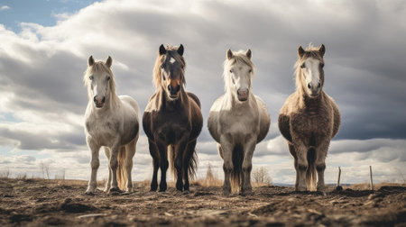 Four majestic horses of varying colors and sizes stand together under a stormy sky. The dark clouds create a dramatic backdrop, enhancing the beauty and strength of the horses.の素材