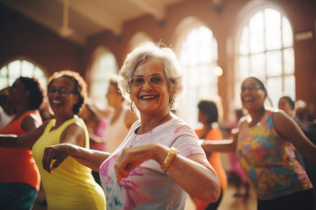 A diverse group of women of all ages, wearing colorful clothing, dancing happily in a community center. They are smiling and laughing, creating a vibrant and joyful atmosphere.の素材