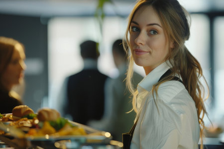 Portrait of young waitress at cafe counter. Female worker with apron smiling at camera near food display counter in coffee shop. Background shows customers having breakfastの素材