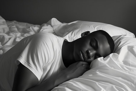 An African-American man napping in a white bed, eyes closed, wearing a white t-shirt. Sheets to chest, head on arm. Gray background, creating a serene and isolated scene.の素材