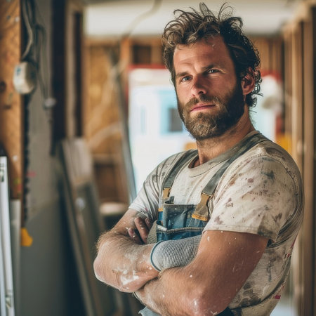 A skilled contractor with a stylish beard and wearing blue overalls is focused on crafting wood projects in a well-organized and spacious workshop, surrounded by various tools and equipment.の素材