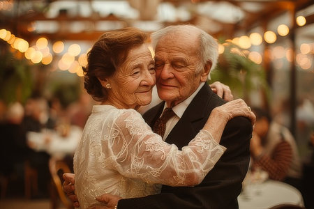 The elderly couple is dancing at their anniversary party. They are both smiling and looking happy. The woman is wearing a white dress, and the man is wearing a black suit.の素材