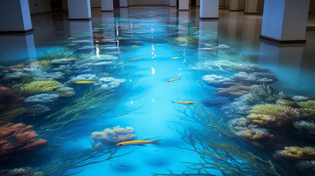 The epoxy floor with a 3D rendering of a tropical fish tank. The floor is blue and has a variety of fish, coral, and plants. The image is perfect for a background or for a mock up for text placement.の素材