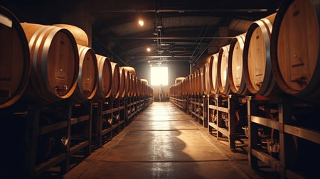 In a dimly lit cellar, oak wine barrels are stacked, filled with fermenting wine. The air is rich with the scent of aging alcohol. A lone light bulb casts a warm glow, creating a cozy atmosphere.の素材