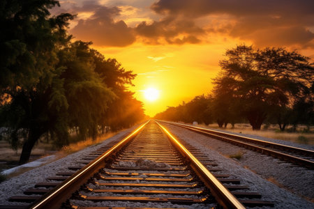 A beautiful sunset over a long stretch of railroad tracks in the countryside. The tracks are surrounded by trees and the sky is a warm orange color. The sun is setting in the distance.の素材