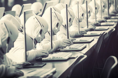 Many identical clone robots work in the office sitting at desks with computersの素材