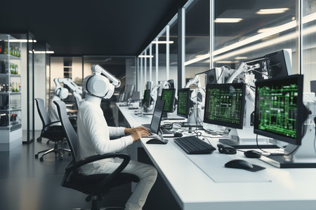 Humanoid robot office workers working on a laptop computer networking internet using machineの素材