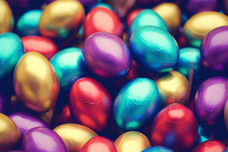 vibrant Easter background adorned with lovely colored eggs. Generative AIの素材