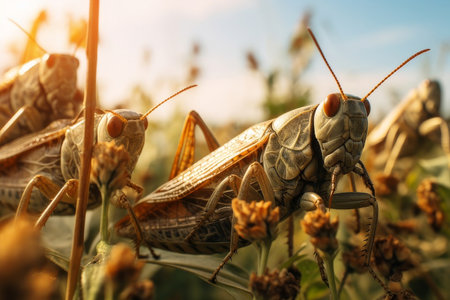Close-up view of brown locusts on a green grass stalk, illuminated by sunlight. Displaying various stages of development, showing detailed body features and interactions.の素材
