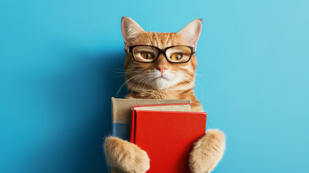 A ginger cat wearing glasses is holding a book in its paws. The cat is sitting on a blue background. The cat is looking at the camera. The image is well-lit, and the colors are vibrant.の素材