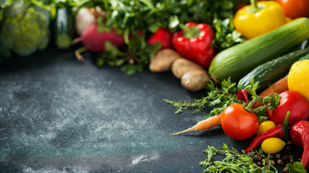 Colorful bell peppers, ripe tomatoes, fresh carrots, cucumbers, and zucchini on dark slate. Glossy veggies contrast with rough slate. Perfect for food, health, or nutrition content.の素材