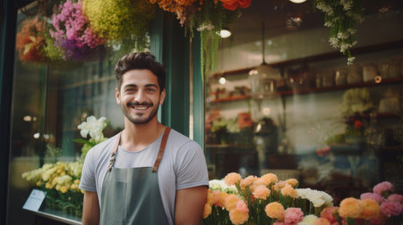 A young male florist with a beard and apron is standing in his flower shop. He is smiling and looking at the camera. There are many colorful flowers in the background.の素材