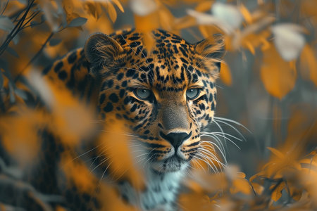 A mesmerizing close-up of a majestic leopard with piercing blue eyes, blending into vibrant autumn foliage, creating an aura of mystery. The vivid leaves add appeal to this captivating image.の素材