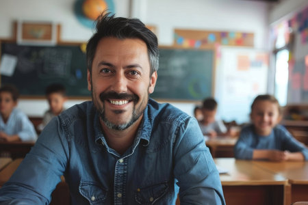 A cheerful male teacher with dark hair and a beard sitting at a desk in a classroom. He is surrounded by students, smiling at the camera. The teacher is wearing a blue shirt, engaging with the class.の素材