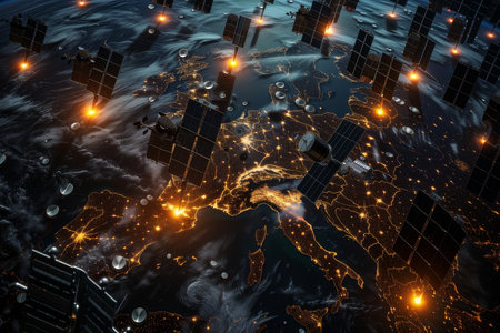 Cutting-edge satellites enable global communication networks and high-res Earth observation. Essential for telecommunications, meteorology, environmental monitoring, and disaster response.の素材