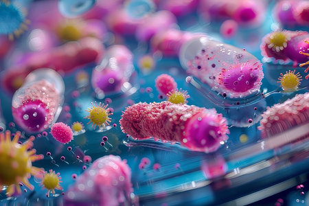 A closeup art piece featuring a computer generated image of bacteria and viruses in a petri dish, with pink, magenta, and electric blue colors creating a vibrant and unique patternの素材