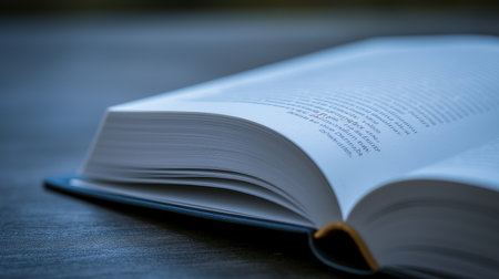 A detailed shot showing an open book on a wooden table, highlighting the font, tints, and shades of the publication. A still life photography capturing the beauty of paper and office suppliesの素材