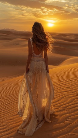 A happy woman in a flowing white dress is standing in the middle of a desert at sunset, with vibrant hues of the dusk sky and sunlight painting the horizon behind herの素材