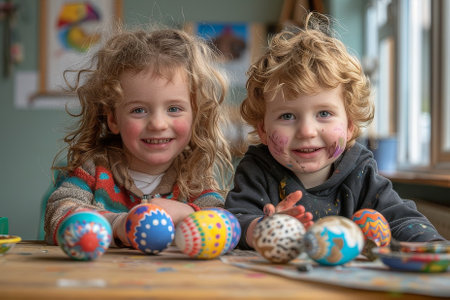 A happy toddler boy and girl are seated at a wooden table, smiling and sharing painted Easter eggs. The furniture includes chairs and tableware, with an iris flower centerpieceの素材