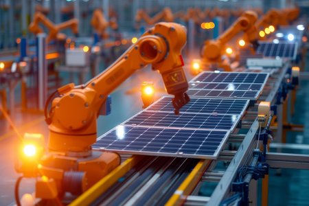 An engineering robotic arm is placing a solar panel made of composite material on a conveyor belt in a factory. The electric blue panel will soon generate solar energyの素材