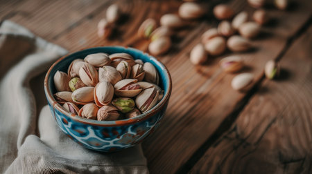 A bowl of pistachios, a popular ingredient in many dishes, is displayed on a wooden table. These nuts seeds are a natural material often used in various cuisinesの素材