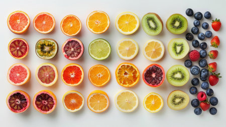 A variety of fruits and berries, including oranges and Rangpur, are displayed on the table. These ingredients can be used in a citrus-based dish or recipeの素材