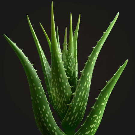 A closeup of a green aloe vera houseplant with thorns on a black background, showing its succulent plant stem and perennial plant natureの素材