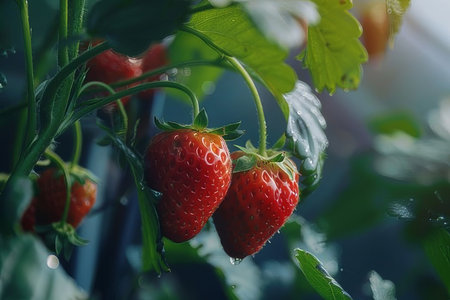 Strawberries, a seedless fruit, are growing on a Virginia strawberry plant. This berry is a staple food and can be enjoyed as a natural, delicious snackの素材