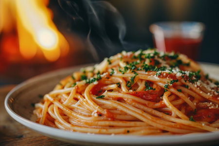 Spaghetti with tomatoes and basil on plateの素材