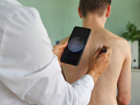 A healthcare worker uses a smartphone to assess a patient's skin condition in a doctor officeの写真素材