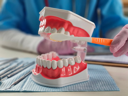Doctor holds human jaw model in hand showing process of brushing teeth