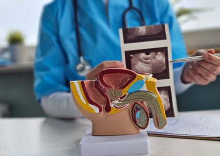 Model of male reproductive system anatomy in a doctor officeの写真素材