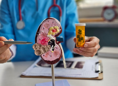 Nephrologist doctor holds in hands an anatomical model of human kidney with pills in clinic. Kidney...