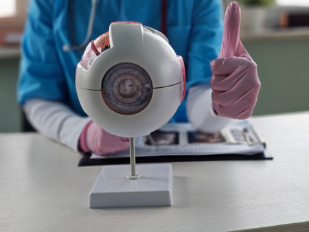 Ophthalmologist eye model and thumbs up. Eye doctor recommendation approval treatment of vision problemsの写真素材