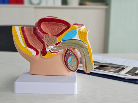 A detailed anatomical model highlights the human urinary system, featuring kidneys, ureters, bladder, and associated structuresの写真素材