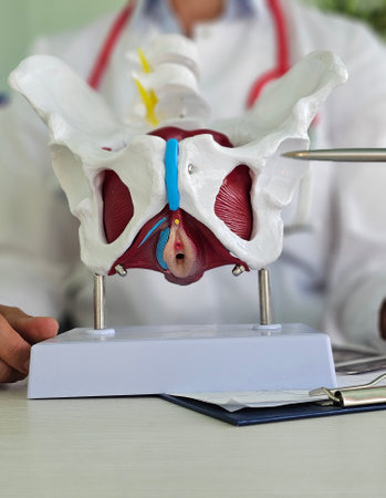 Gynecologist shows anatomy of the location of pelvis with muscles. Doctor demonstrates human pelvic bonesの写真素材