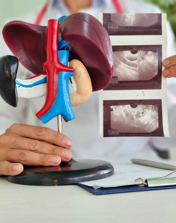 Ultrasound diagnosis of stomach and liver on abdominal cavity of in clinic. Ultrasound of liver and gallbladder cirrhosis of the liverの写真素材