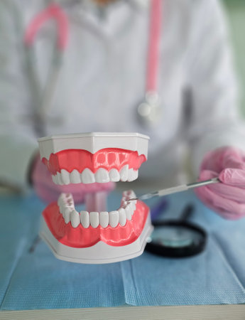 Dentist demonstrating dental care techniques using a model of human teeth in a clinical setting...