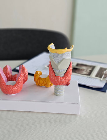 Detailed anatomical models of the human thyroid and larynx displayed on a desk for educational...