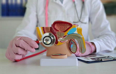 Male anatomy reproductive system penis and medicine. Weak erection, or erectile dysfunction and inflammation oncologyの写真素材