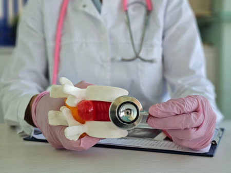 Medical professional demonstrates spinal anatomy using model during patient consultationの写真素材