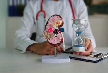 Medical professional discusses kidney health with anatomical model and hourglass in clinic settingの写真素材