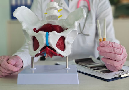 Doctor explains pelvic anatomy with model in a medical office settingの写真素材