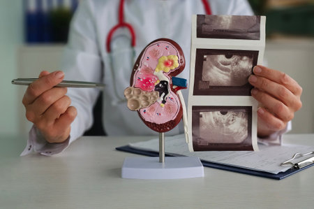 Medical professional examines kidney model and ultrasound images in clinic consultationの写真素材