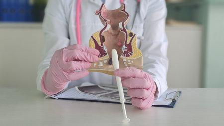 Proctologist doctor holds rectal suppository and artificial model of human rectumの写真素材