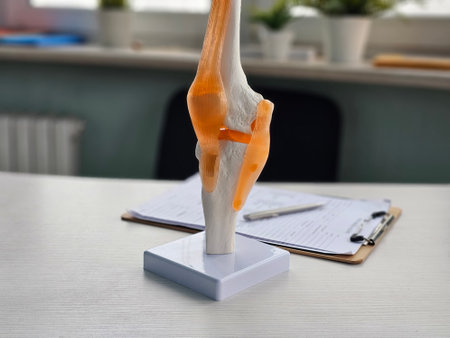 Knee anatomy and common injuries in the clinic. Traumatologist doctor pointed to area of model of...