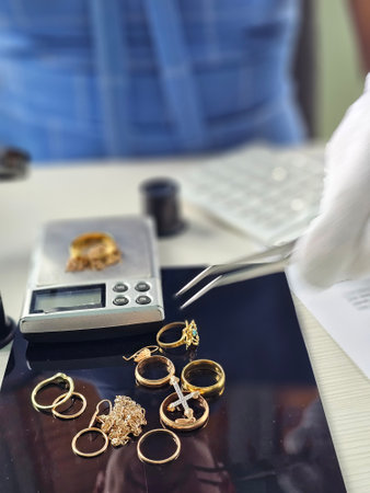 Jeweler weighs and inspects various gold pieces at a workshop during the dayの写真素材